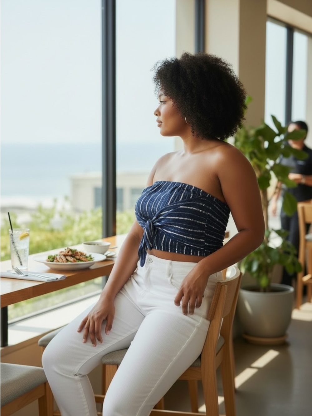 aerie Navy Strapless Top with Metallic Stripes